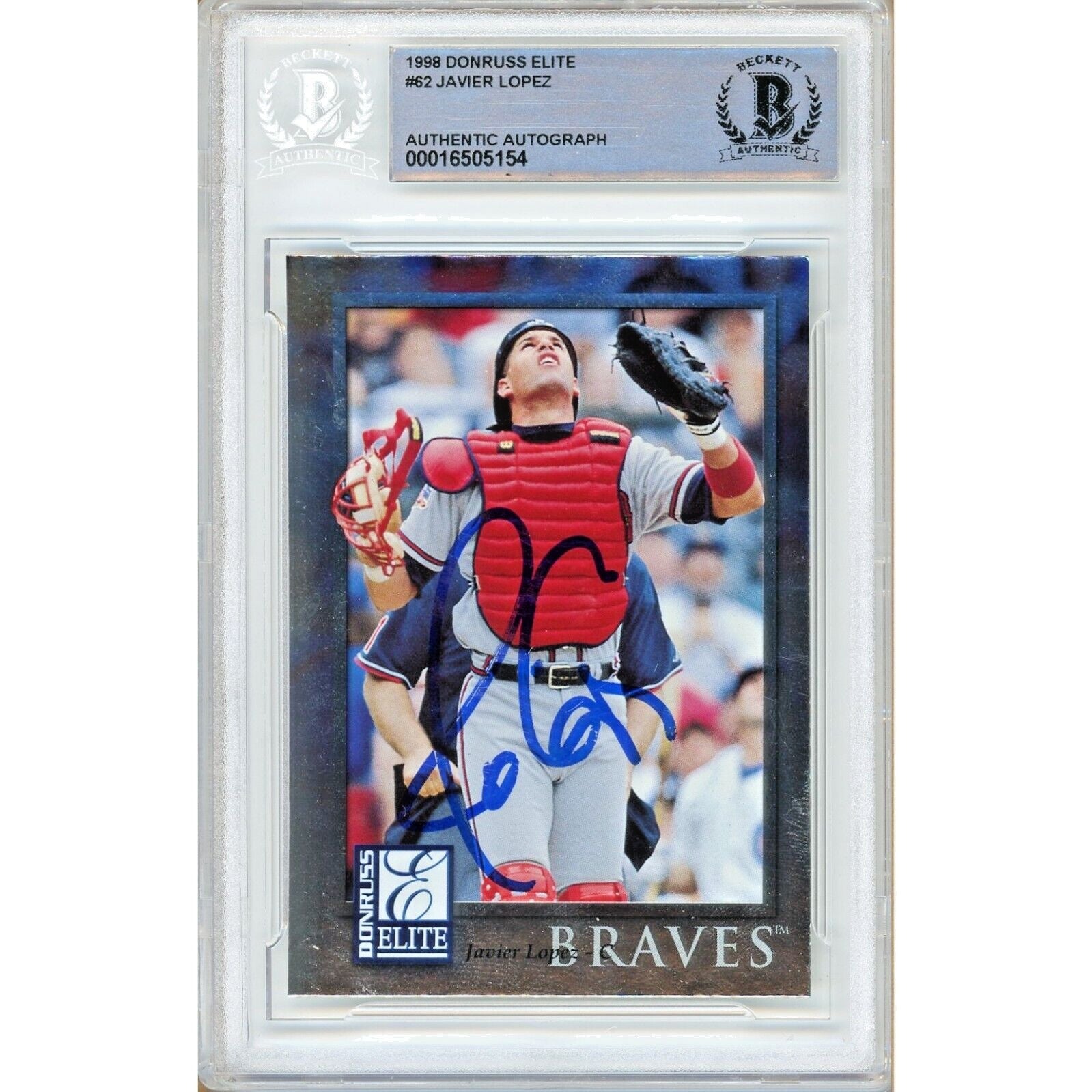 Baseballs- Autographed- Javy Lopez Atlanta Braves Signed 1998 Donruss Elite Baseball Card Beckett Authentic Auto Slab Front