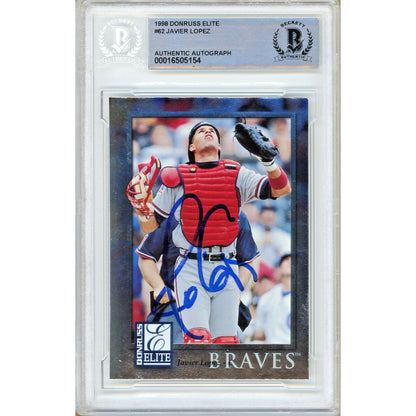 Baseballs- Autographed- Javy Lopez Atlanta Braves Signed 1998 Donruss Elite Baseball Card Beckett Authentic Auto Slab Front