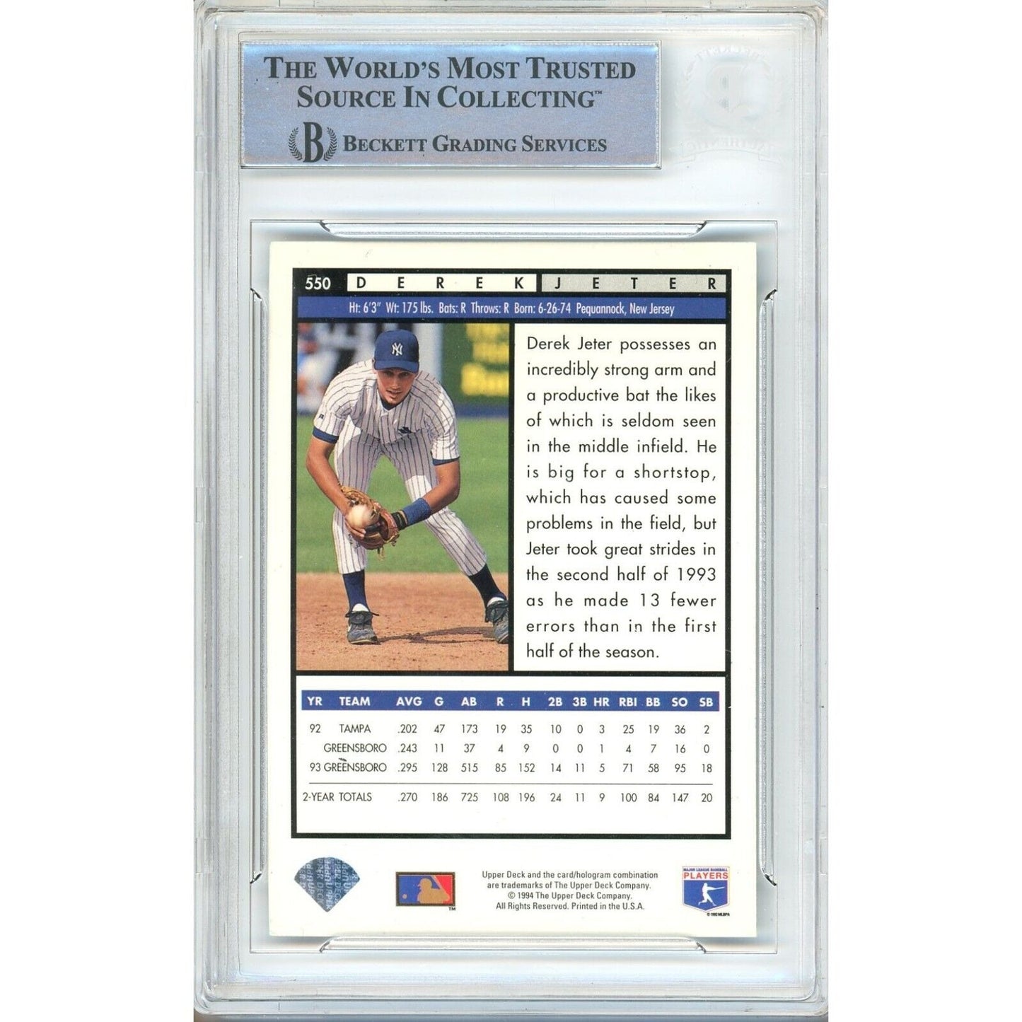 Baseballs- Autographed- Derek Jeter New York Yankees Signed 1994 Upper Deck Baseball Card Beckett Authentic Auto Slab Back