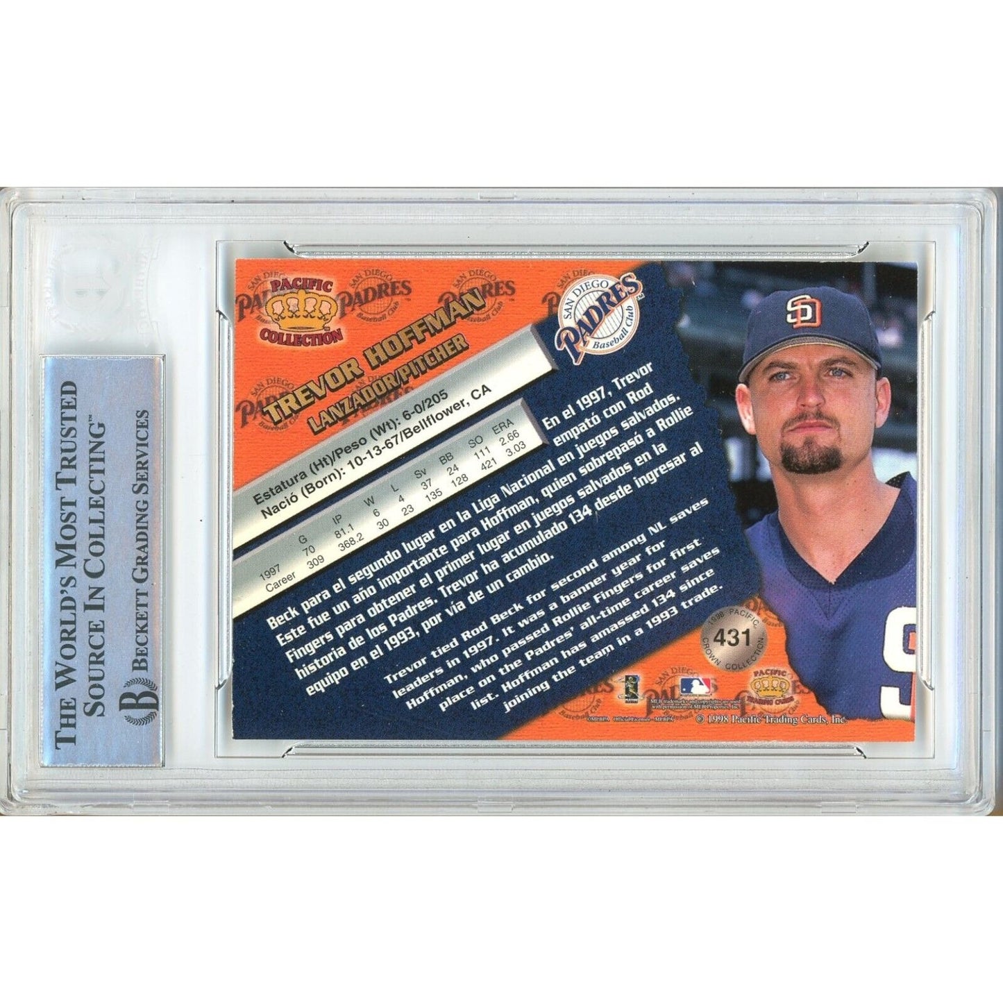 Baseballs- Autographed- Trevor Hoffman San Diego Padres Signed 1998 Pacific Crown Collection Trading Card Beckett Authentic Auto Slab Back