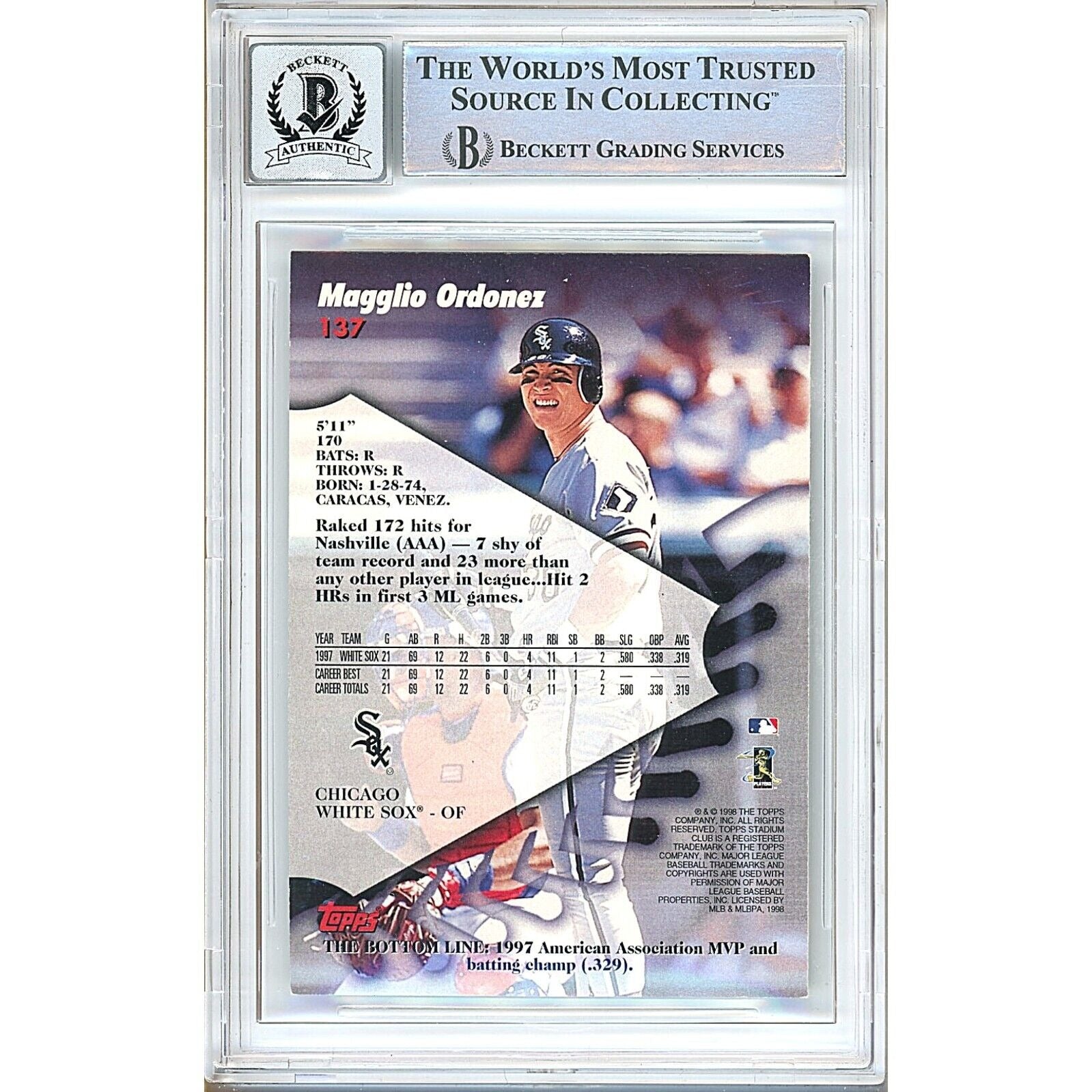 Magglio Ordonez Chicago White Sox signed trading card – signature close-up – Beckett COA