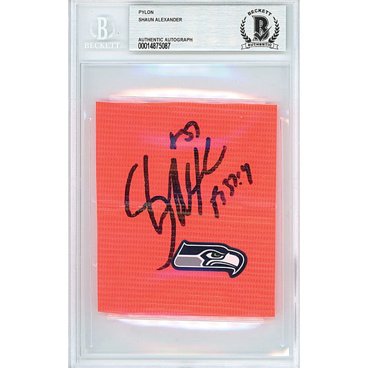 Footballs- Autographed- Shaun Alexander Seattle Seahawks Signed Football End Zone Pylon Signature Cut Beckett Authentic Auto Slab Front