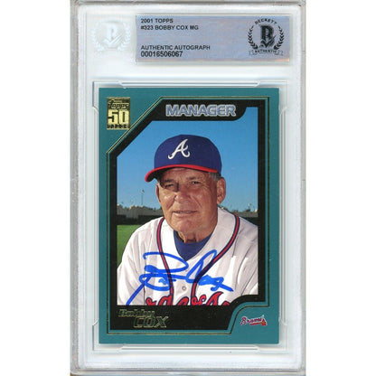 Baseballs- Autographed- Bobby Cox Atlanta Braves Signed 2001 Topps Baseball Card Beckett Authentic Auto Slab Front