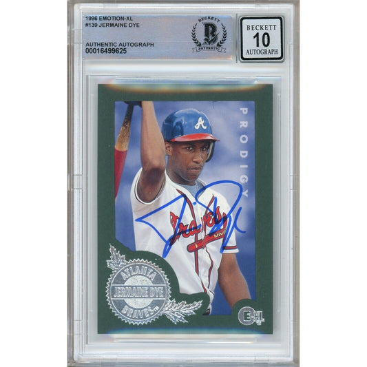 Baseballs- Autographed- Jermaine Dye Atlanta Braves Signed 1996 Emotion-XL Baseball Rookie Card Beckett Authentic BGS Auto-10 Graded Slab Front