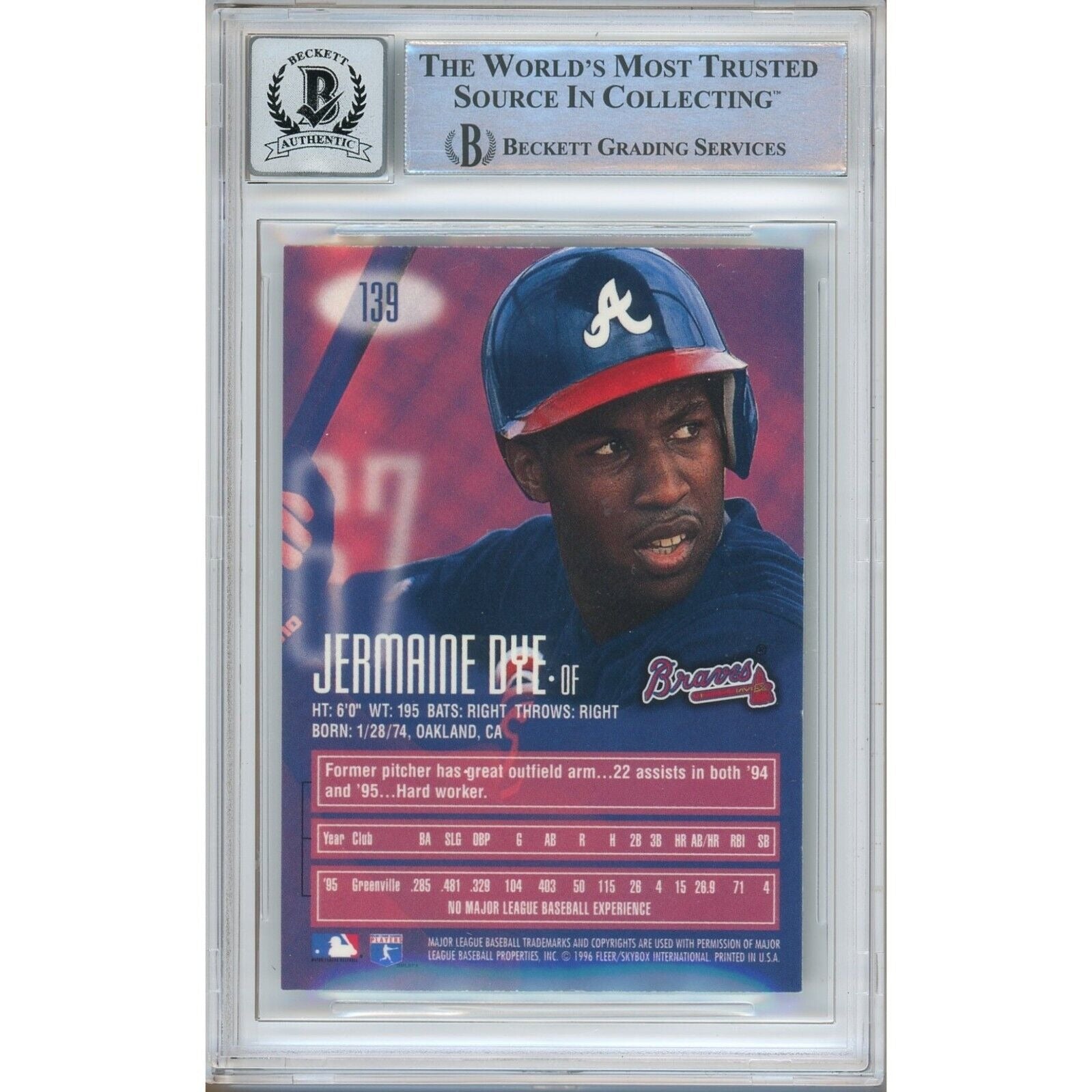 Baseballs- Autographed- Jermaine Dye Atlanta Braves Signed 1996 Emotion-XL Baseball Rookie Card Beckett Authentic BGS Auto-10 Graded Slab Back