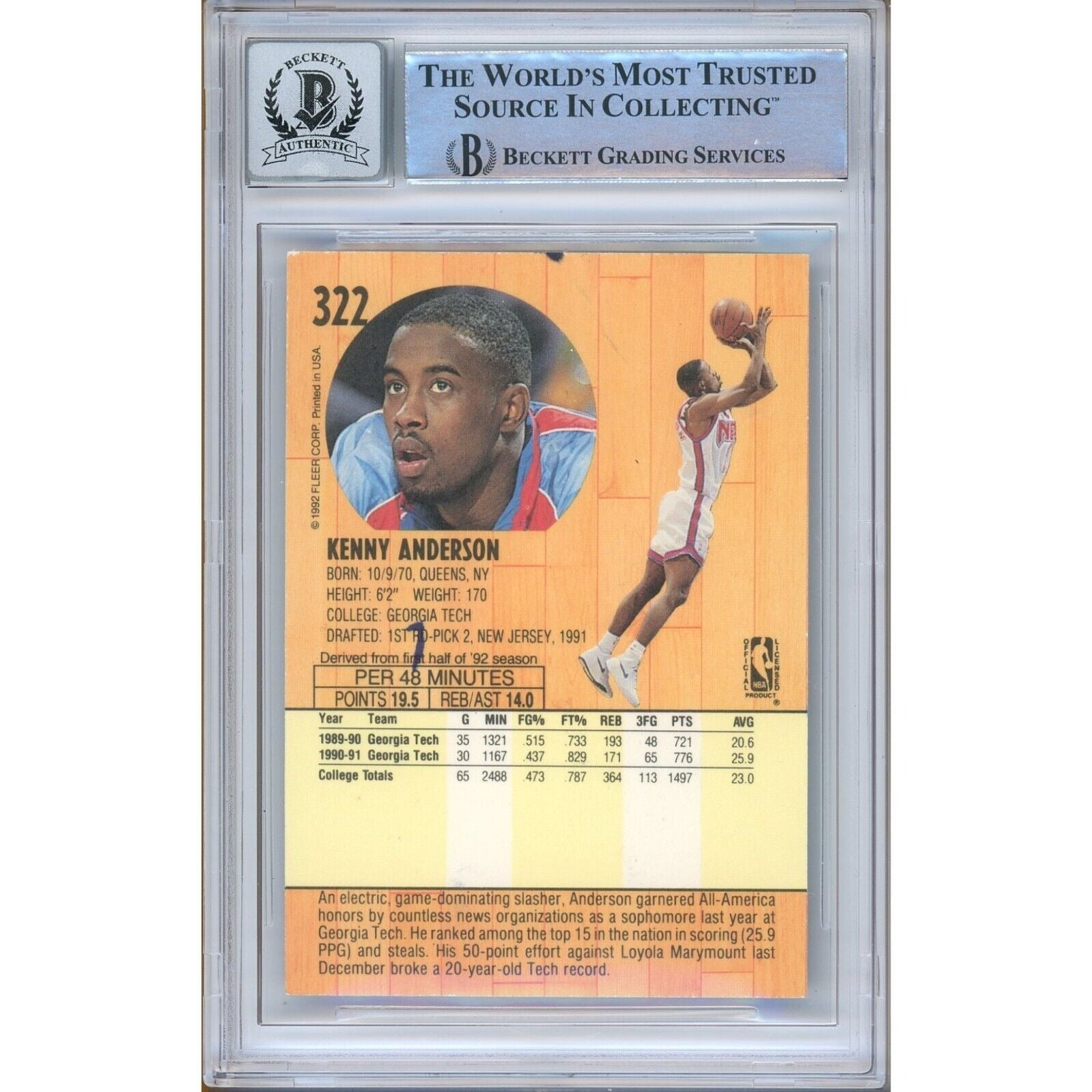 Basketballs- Autographed- Kenny Anderson New Jersey Nets Signed 1991-92 Fleer Basketball Card Beckett Authentic BGS Auto-10 Slab Back