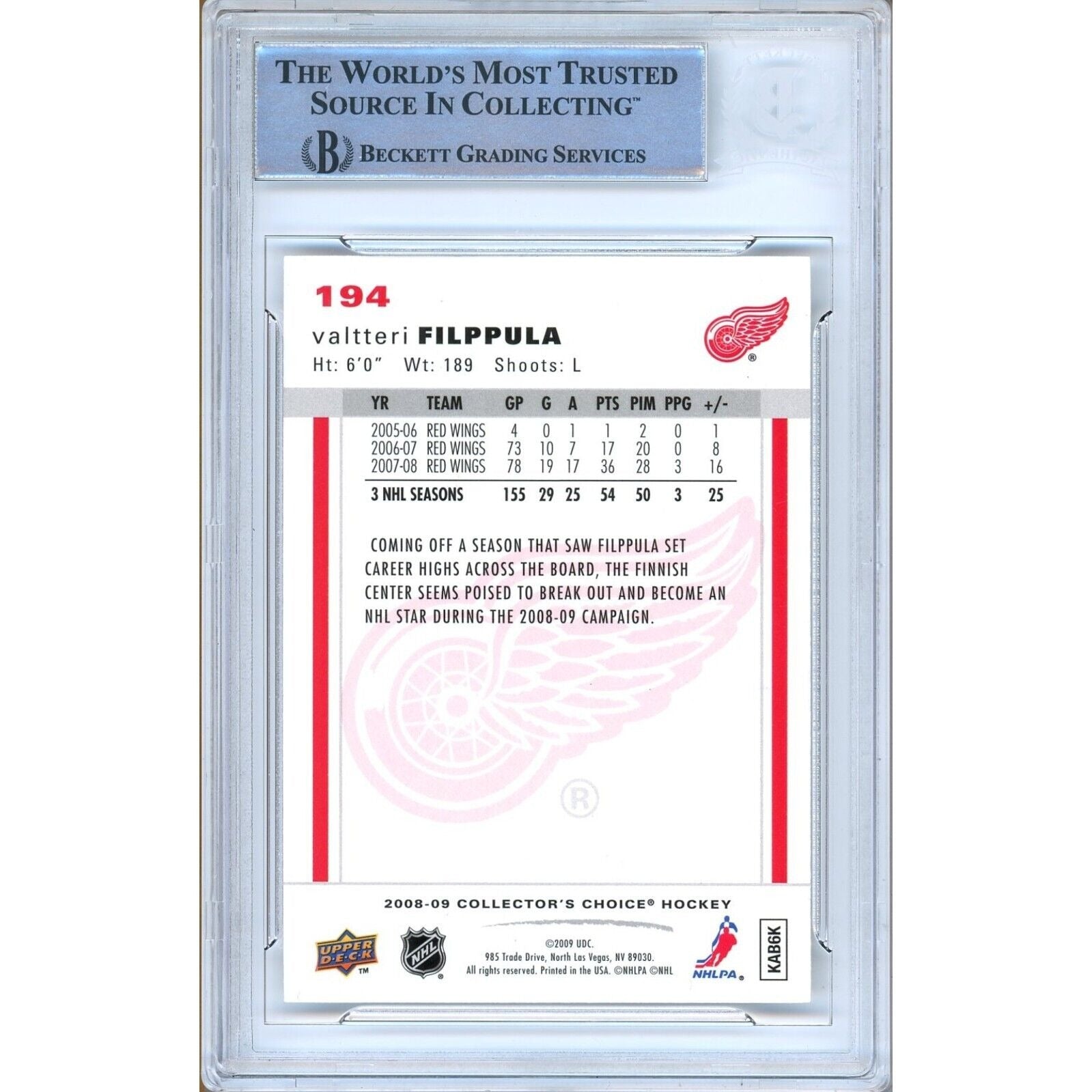 Valtteri Filppula Detroit Red Wings signed trading card – signature close-up – Beckett COA