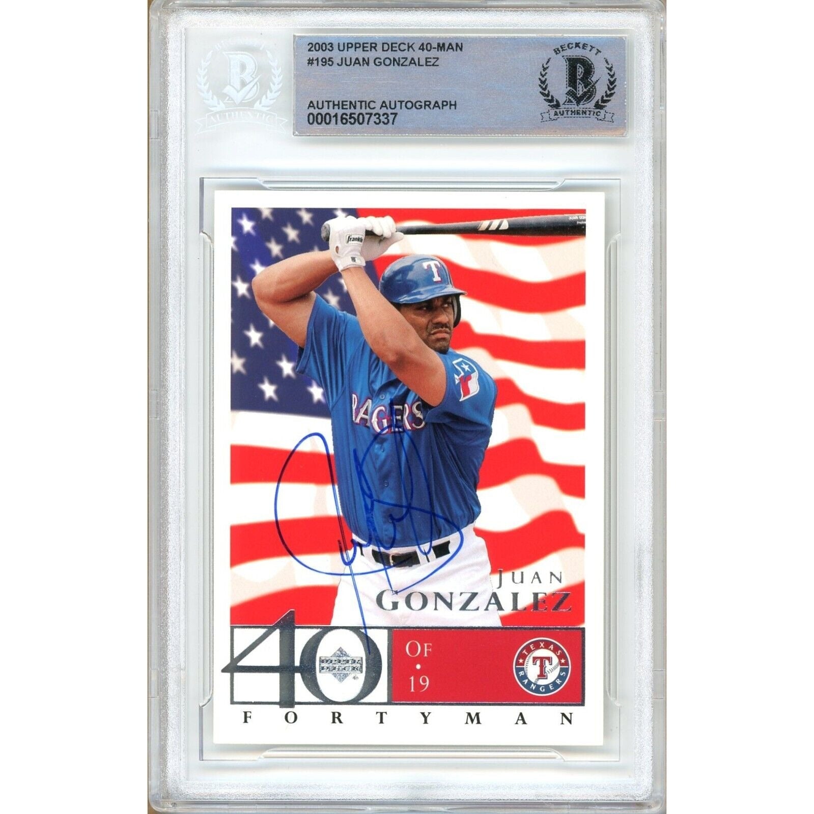 Juan Gonzalez Texas Rangers autographed trading card – full view – Beckett COA