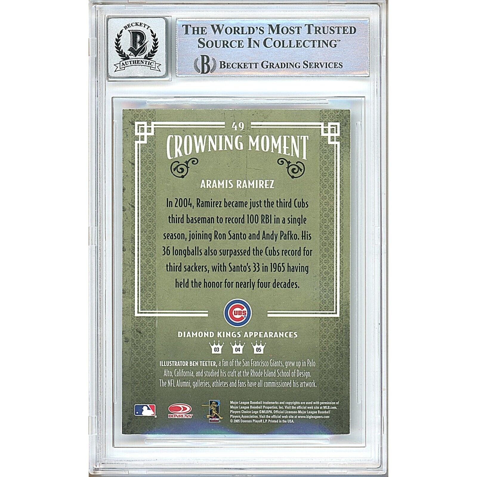 Baseballs- Autographed- Aramis Ramirez Chicago Cubs Signed 2005 Donruss Diamond Kings Baseball Card Beckett Authentic BGS Auto-10 Graded Slab Back