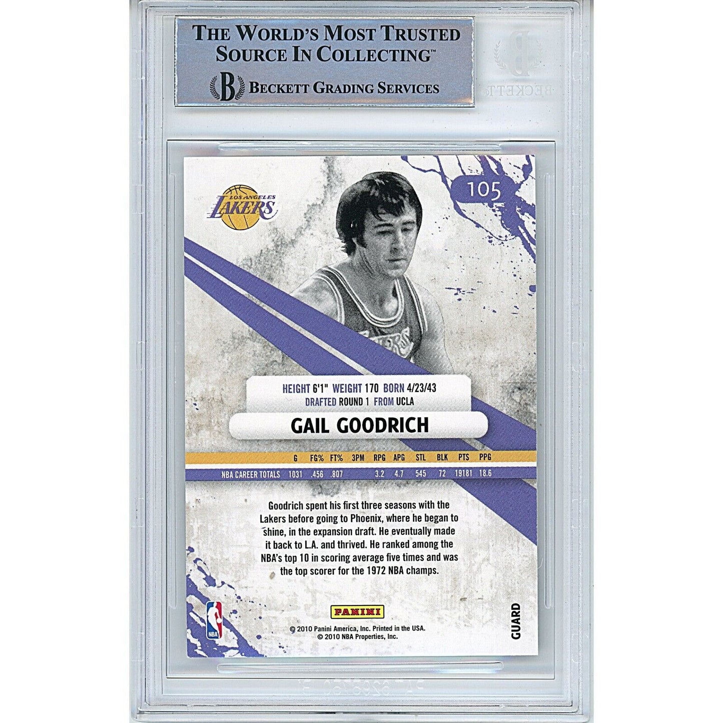 Basketballs- Autographed- Gail Goodrich Los Angeles Lakers Signed 2010-11 Panini Rookies and Stars Basketball Card Beckett Authentic Auto Slab Back