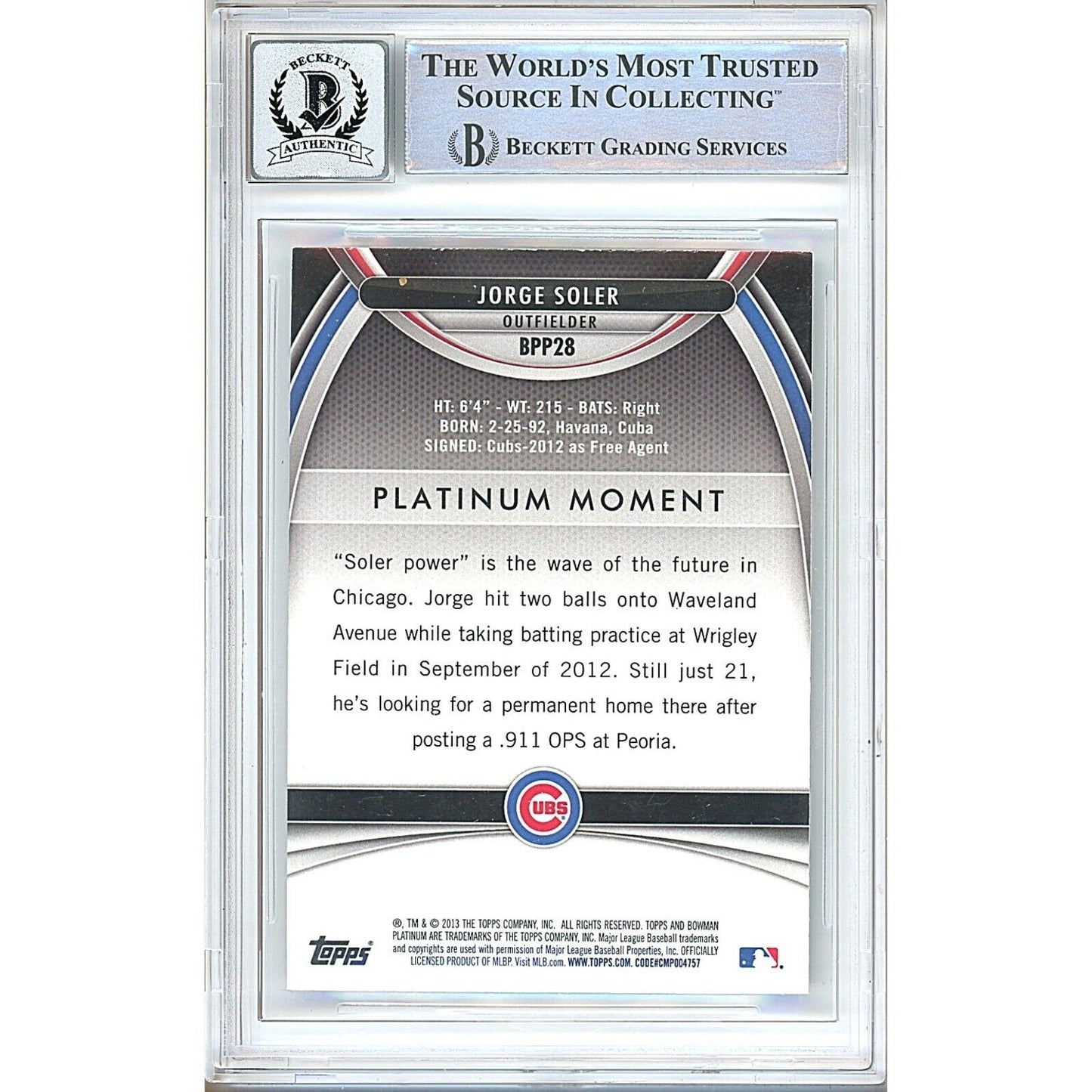 Jorge Soler Chicago Cubs Signed 2013 Bowman Platinum Prospects BGS Auto 10 Graded