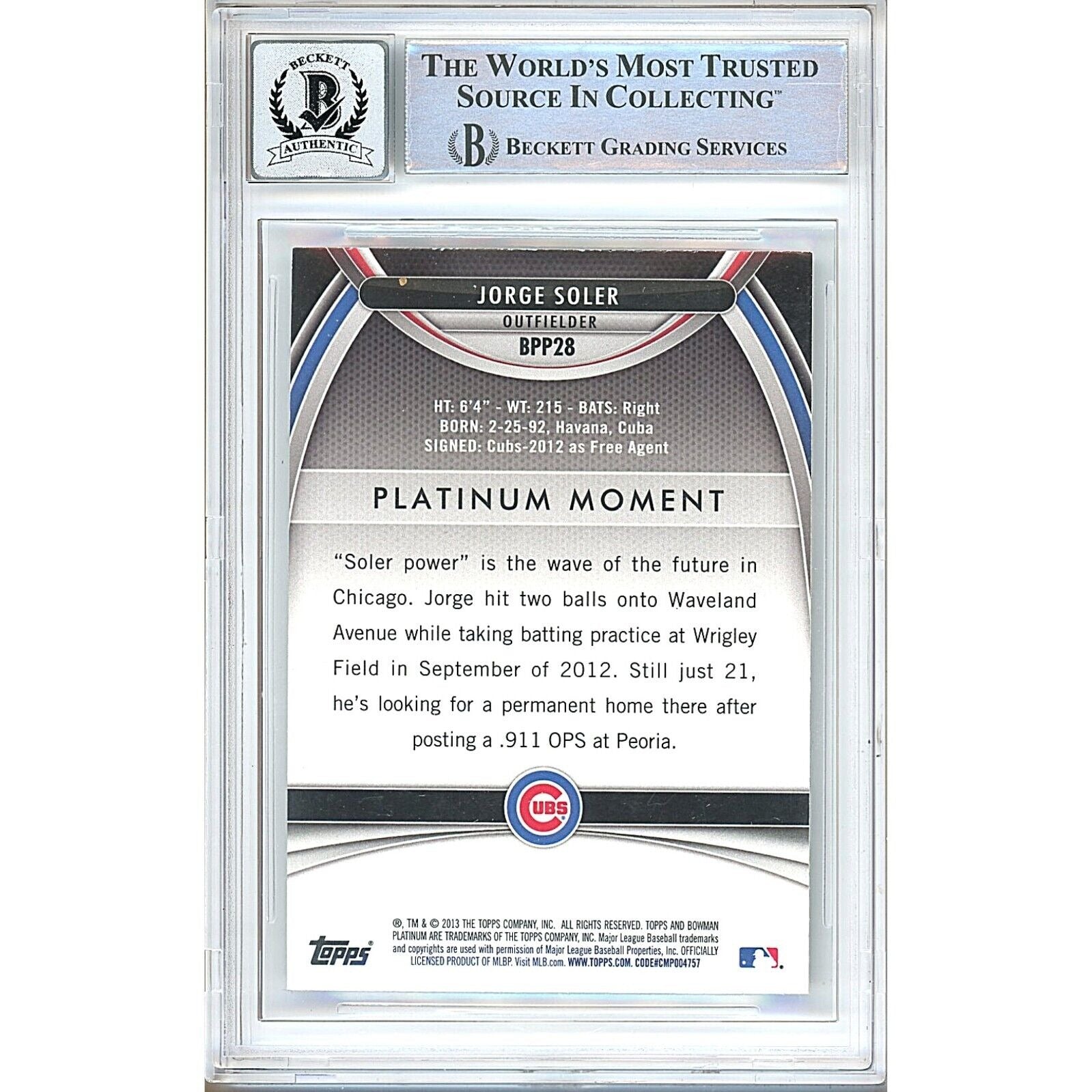 Jorge Soler Bowman Platinum Prospects Signed Trading Card Beckett BGS