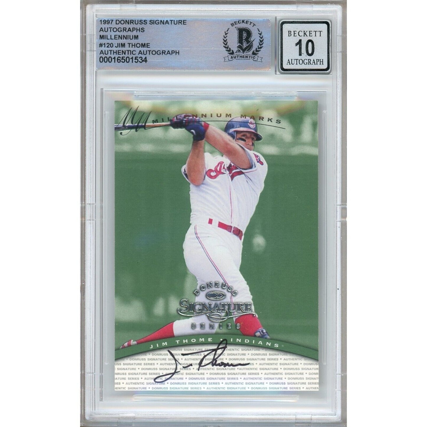 Baseballs- Autographed- Jim Thome Cleveland Indians Signed 1997 Donruss Signature Autographs Baseball Card Beckett Authentic BGS Auto-10 Graded Slab Front