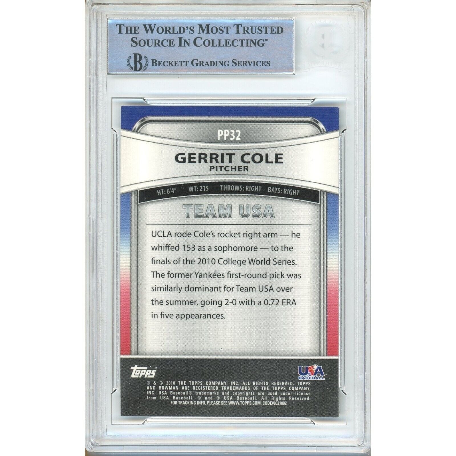 Baseballs- Autographed- Gerrit Cole New York Yankees Signed 2010 Bowman Platinum Prospects Rookie Baseball Card Beckett Authentic Auto Slab Back