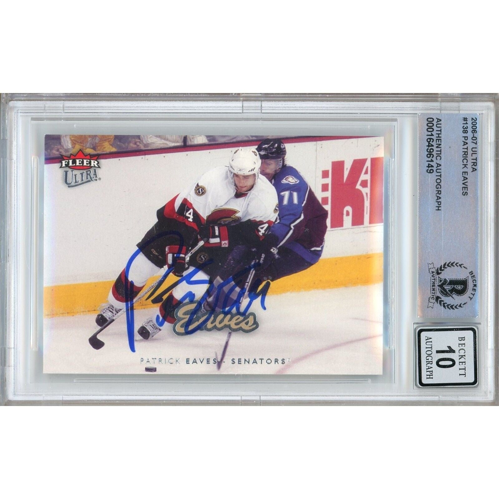 Patrick Eaves Ottawa Senators autographed trading card – full view – Beckett COA