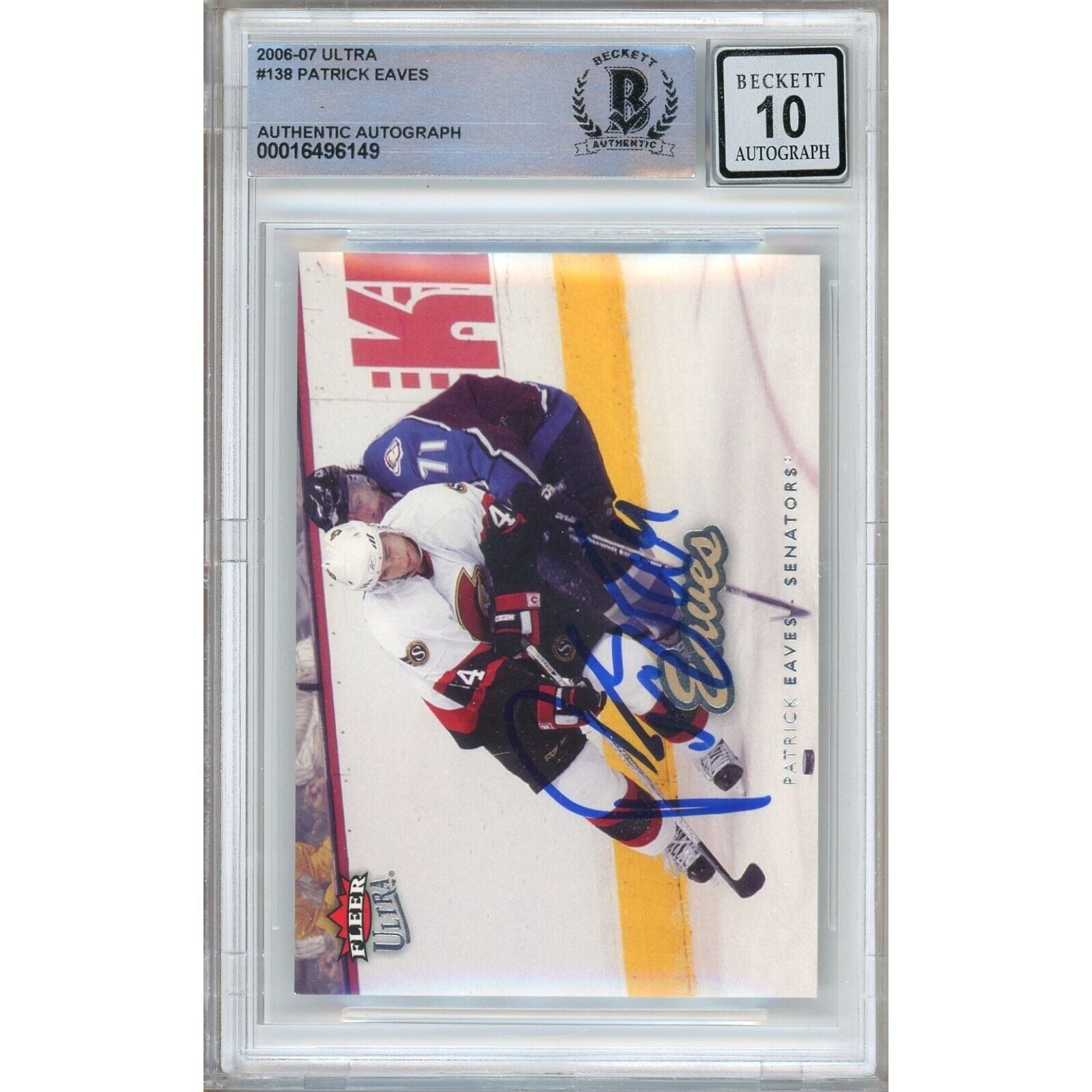 Hockey- Autographed- Patrick Eaves Ottawa Senators Signed 2006-07 Fleer Ultra Hockey Card Beckett Authenticated BGS Auto-10 Graded Slab Front