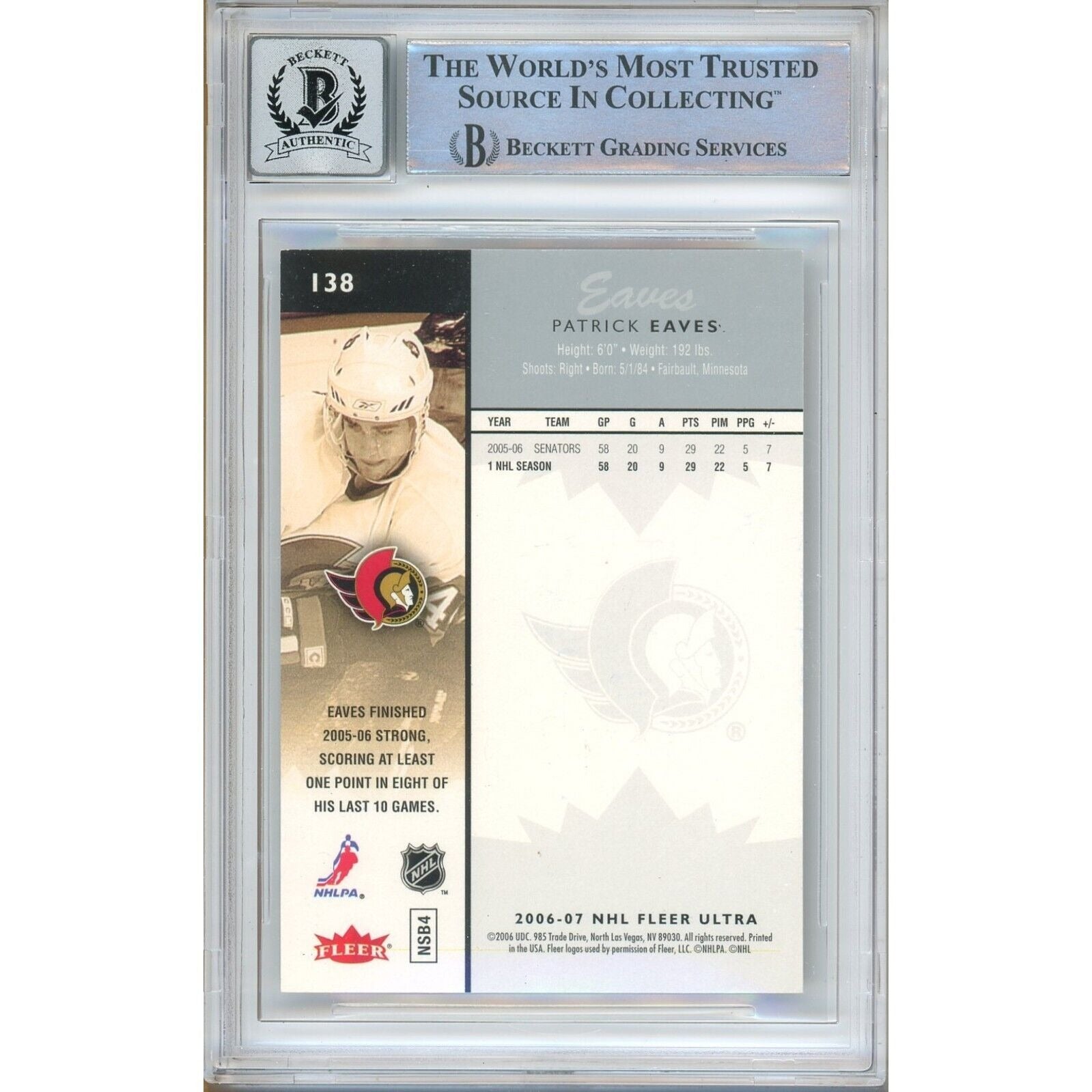 Hockey- Autographed- Patrick Eaves Ottawa Senators Signed 2006-07 Fleer Ultra Hockey Card Beckett Authentic BGS Auto-10 Graded Slab Back