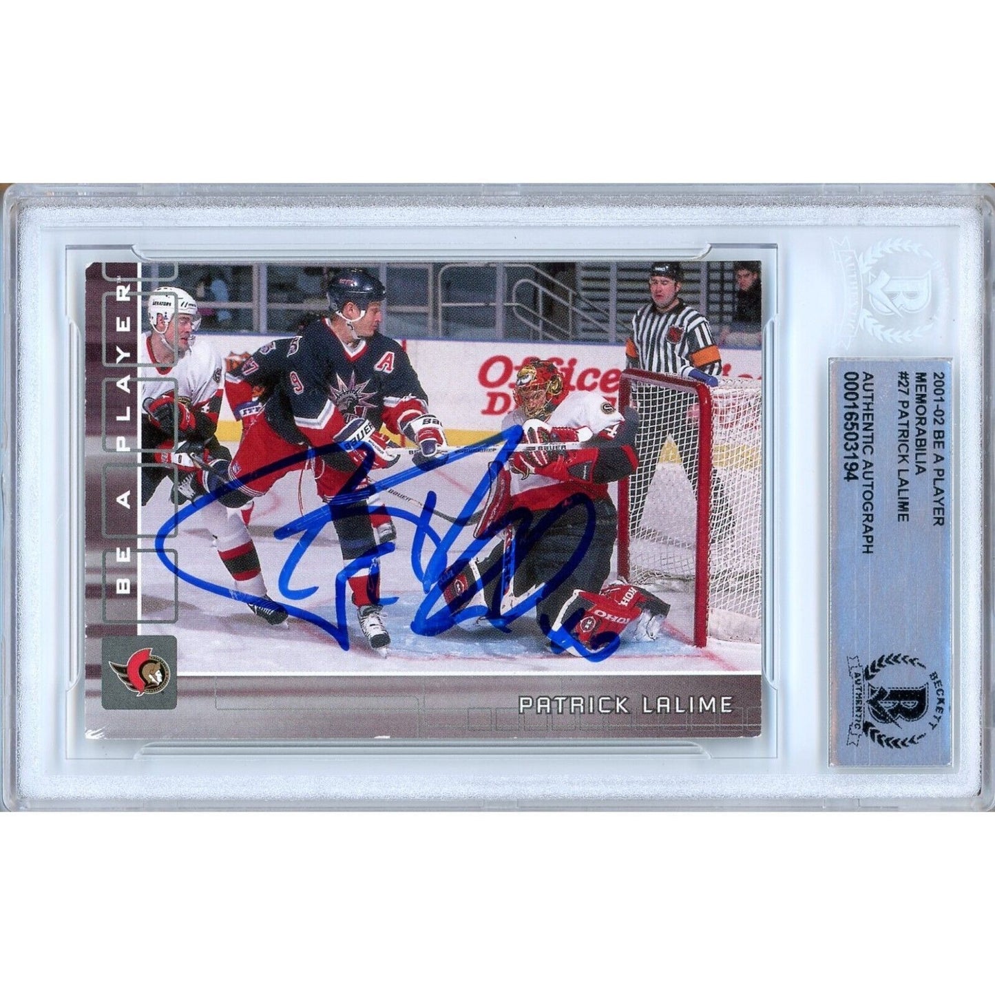 Hockey- Autographed- Patrick Lalime Ottawa Senators Signed 2001-02 BAP Be A Player Memorabilia Hockey Card Beckett Authentic Auto Slab Front