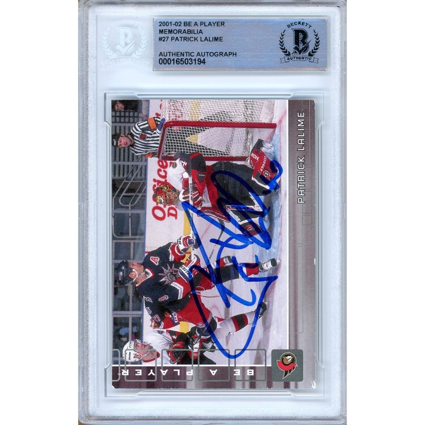 Hockey- Autographed- Patrick Lalime Ottawa Senators Signed 2001-02 BAP Be A Player Memorabilia Hockey Card Beckett Authenticated Auto Slab Front