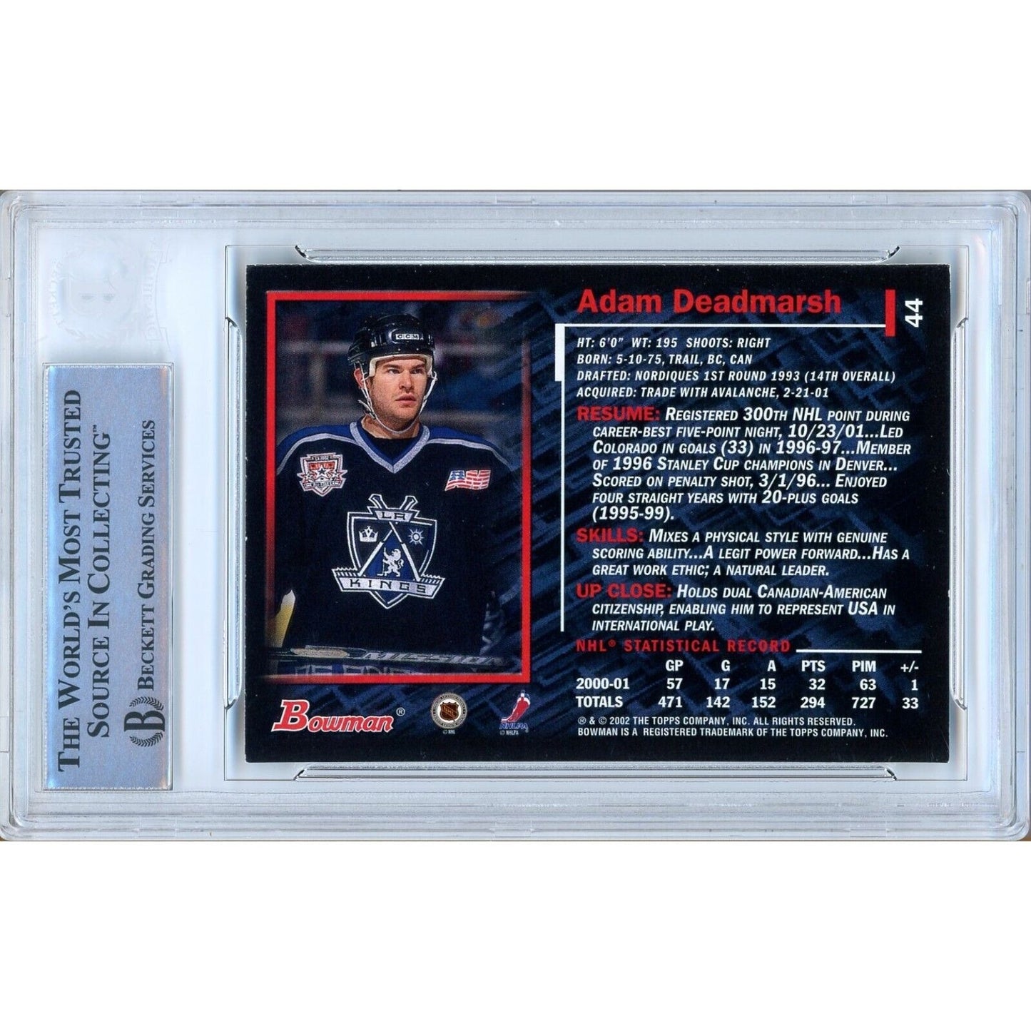 Hockey- Autographed- Adam Deadmarsh Signed 2001-02 Bowman Youngstars Hockey Card Beckett Authentic Auto Slab Back