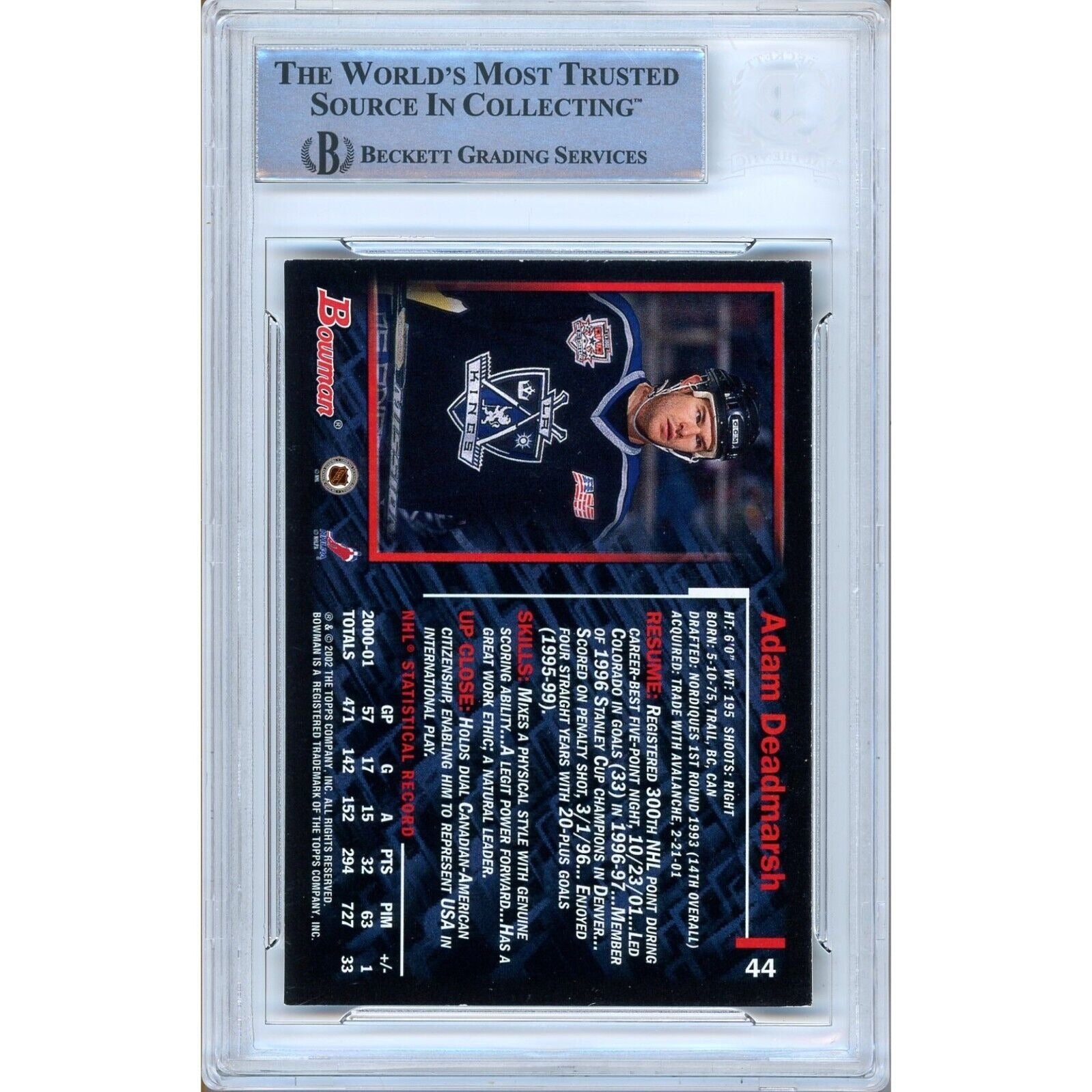 Hockey- Autographed- Adam Deadmarsh Signed 2001-02 Bowman Youngstars Hockey Card Beckett Authentic Auto Slab Back of Card