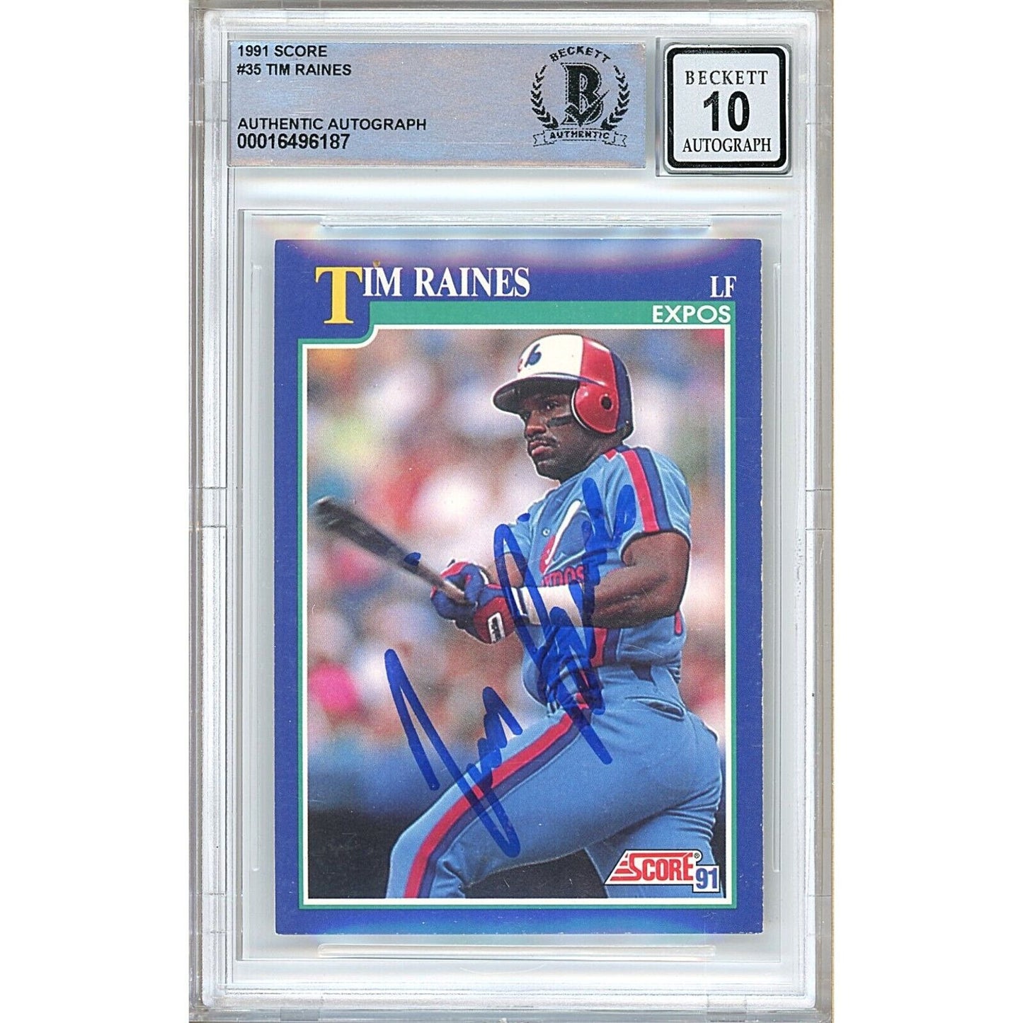 Baseballs- Autographed- Tim Raines Montreal Expos Signed 1991 Score Trading Card Beckett Authentic BGS Auto-10 Graded Slab Front