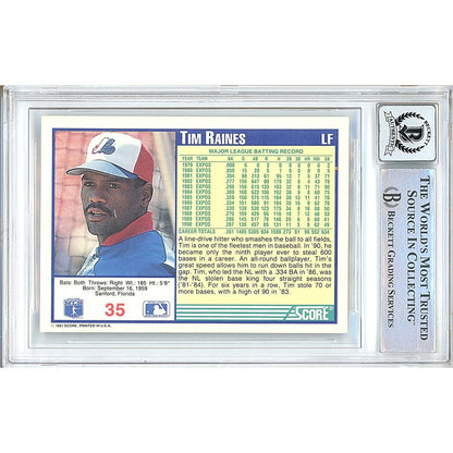 Baseballs- Autographed- Tim Raines Montreal Expos Signed 1991 Score Trading Card Beckett Authentic BGS Auto-10 Graded Slab Back