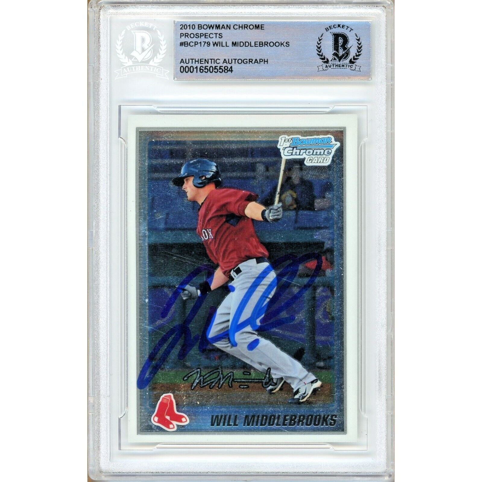 Baseballs- Autographed- Will Middlebrooks Boston Red Sox Signed 2010 Bowman Chrome Prospects Rookie Card Beckett Authentic Auto Slab Front