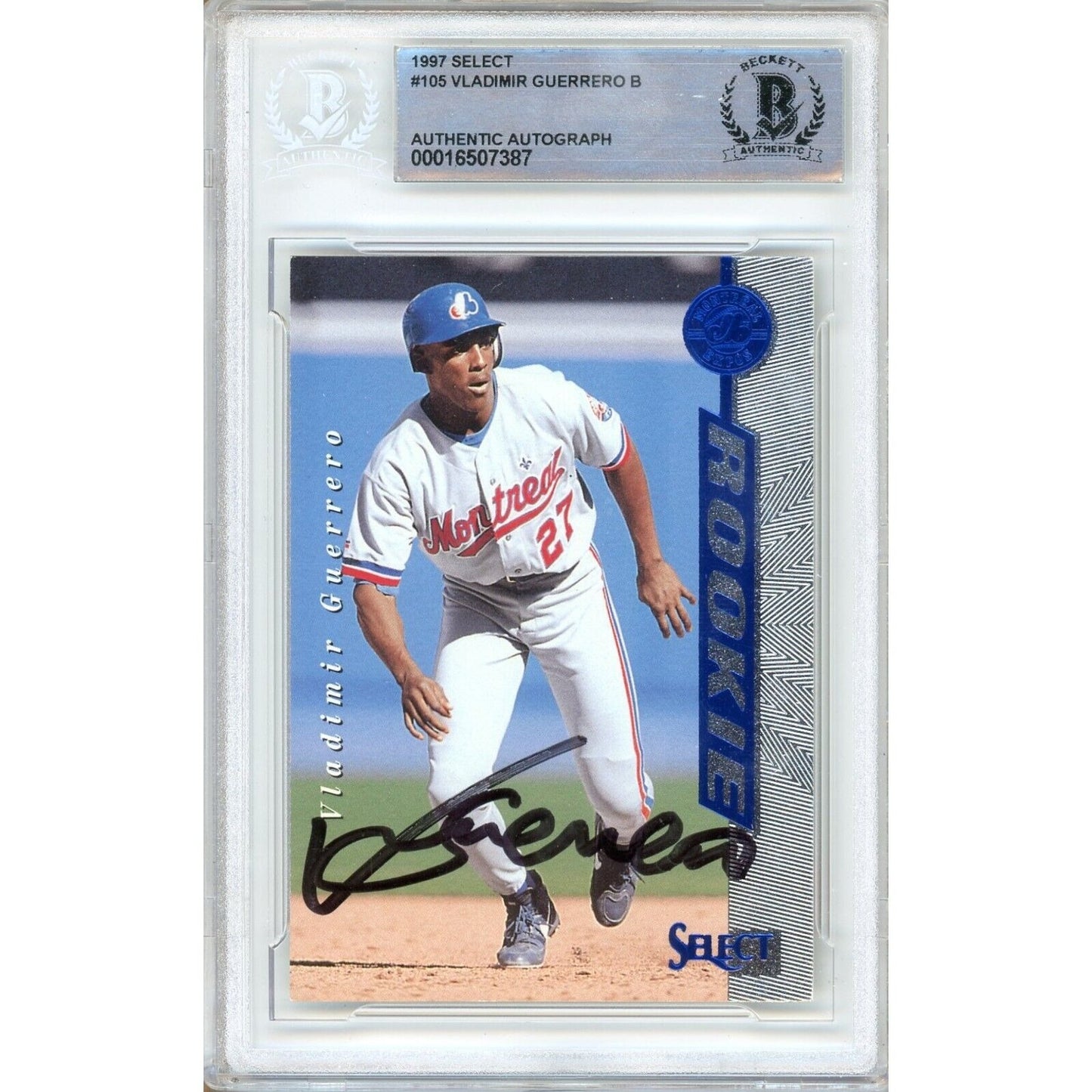 Baseballs- Autographed- Vladimir Guerrero Montreal Expos Signed 1997 Pinnacle Select Rookie Trading Card Beckett Authentic Auto Slab Front