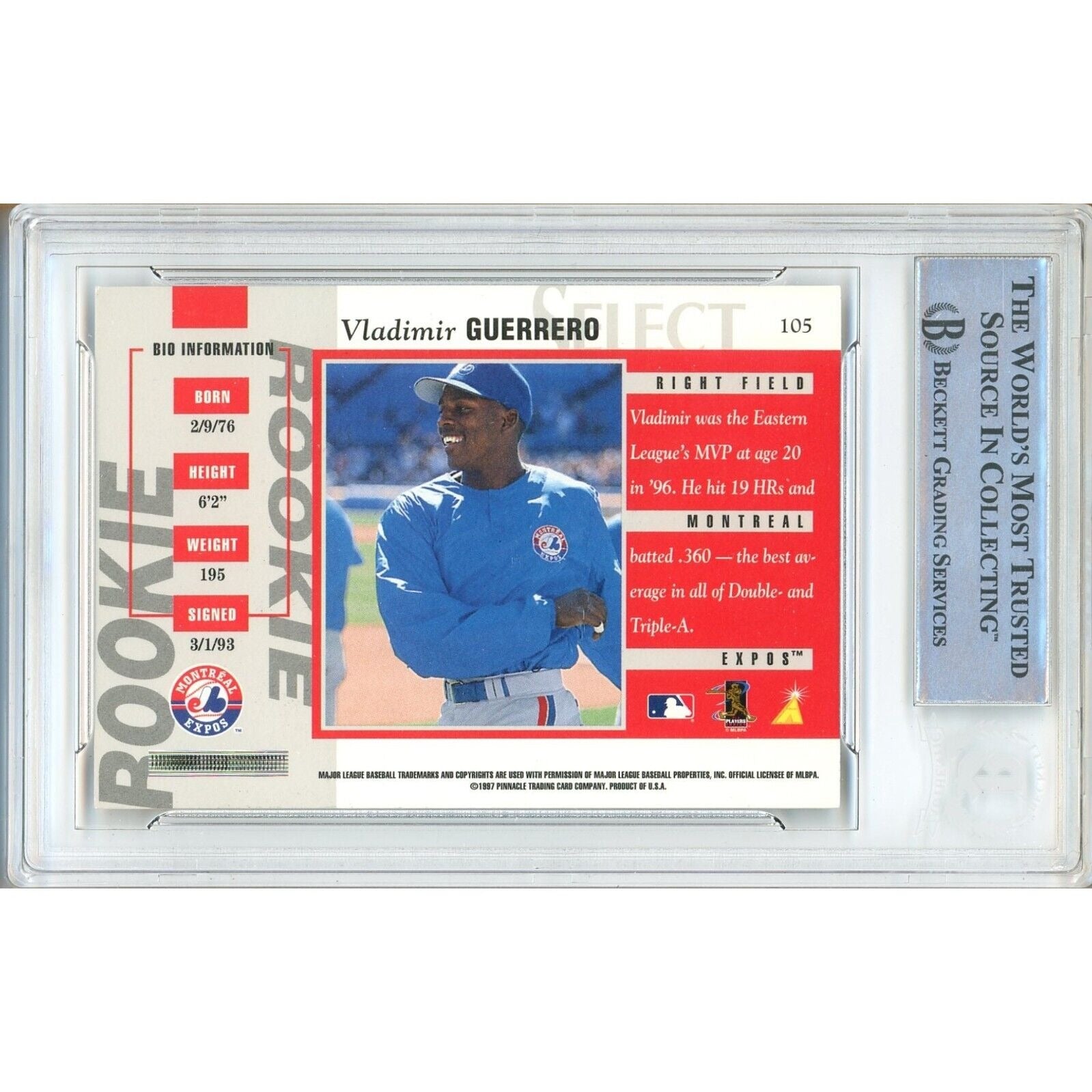 Baseballs- Autographed- Vladimir Guerrero Montreal Expos Signed 1997 Pinnacle Select Rookie Trading Card Beckett Authentic Auto Slab Back