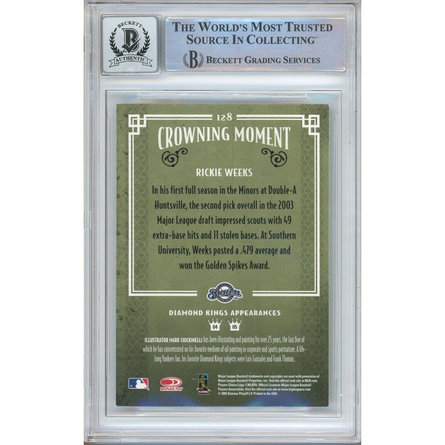 Baseballs- Autographed- Rickie Weeks Milwaukee Brewers Signed 2005 Donruss Diamond Kings Trading Card Beckett Authentic BGS Auto-10 Graded Slab Back