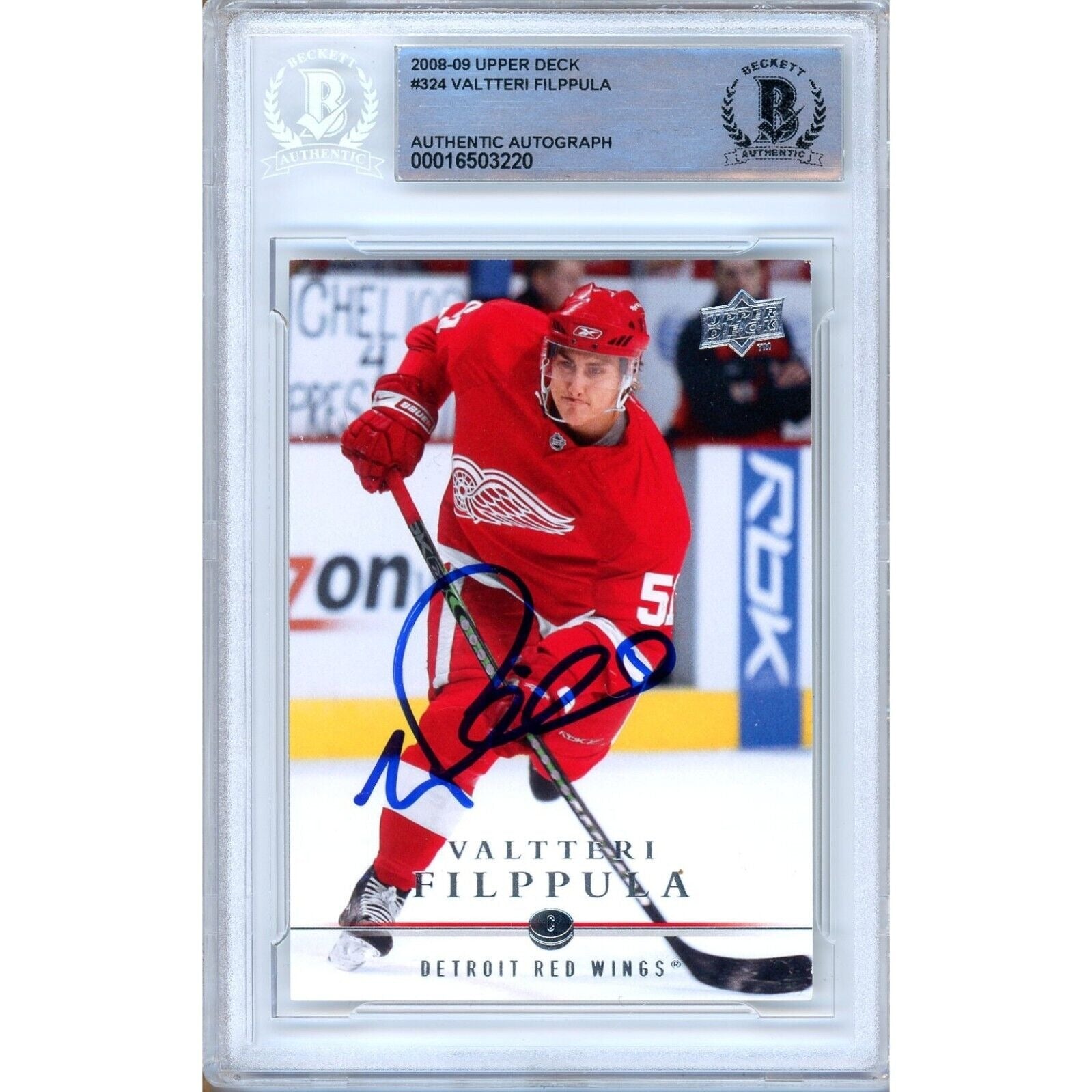 Hockey- Autographed- Valtteri Filppula Detroit Red Wings Signed 2008-09 Upper Deck Trading Card Beckett Authentic Auto Slab Front