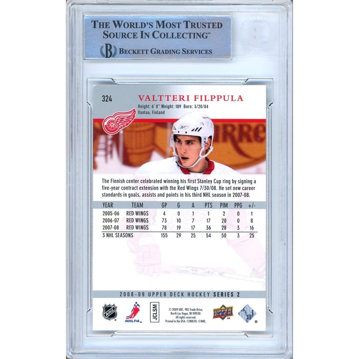 Hockey- Autographed- Valtteri Filppula Detroit Red Wings Signed 2008-09 Upper Deck Trading Card Beckett Authentic Auto Slab Back