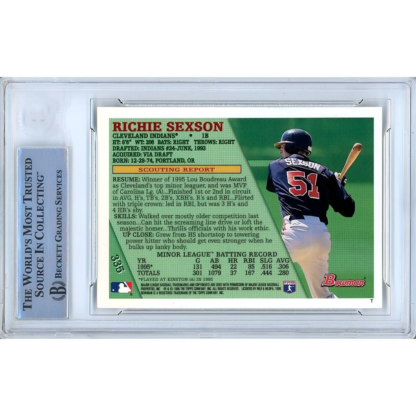 Baseballs- Autographed- Richie Sexson Cleveland Indians Signed 1996 Bowman Rookie Baseball Card Beckett Authentic Auto Slab Back