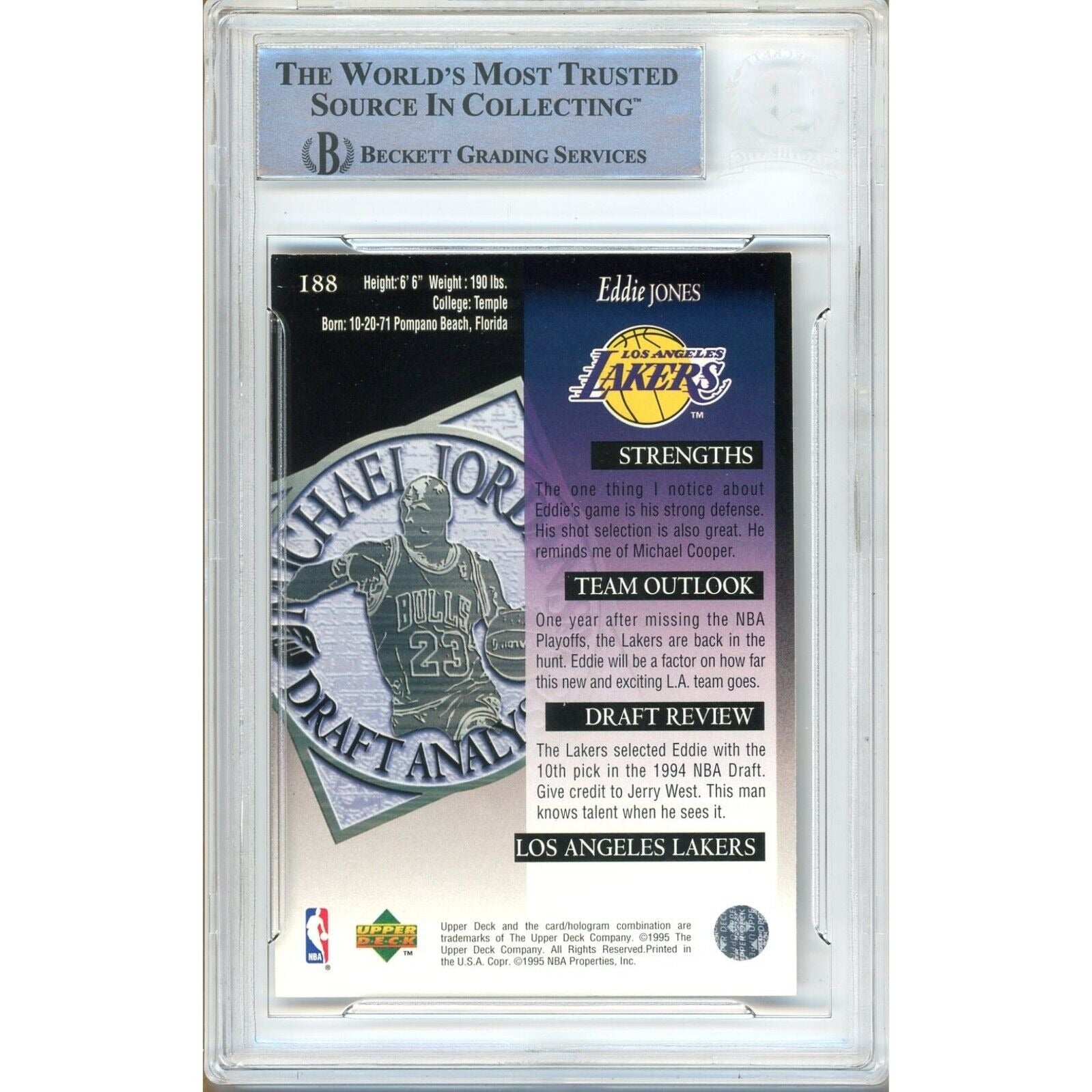 Basketballs- Autographed- Eddie Jones Los Angeles Lakers Signed 1994-95 Upper Deck Basketball Rookie Card Beckett Authentic Auto Slab Back