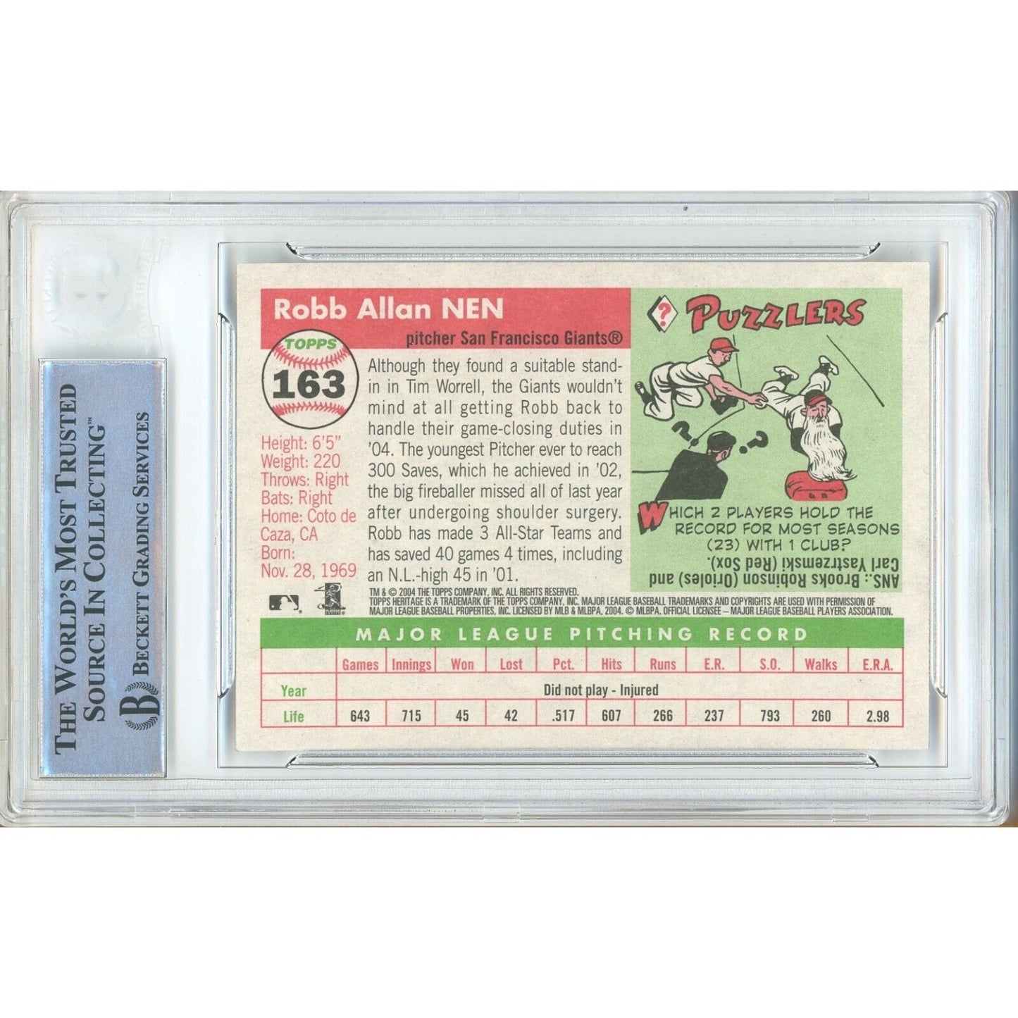 Baseballs- Autographed- Robb Nen San Francisco Giants Signed 2004 Topps Heritage Baseball Card Beckett Authentic Auto Slab Back