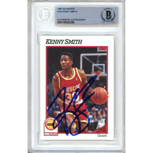 Basketballs- Autographed- Kenny Smith Houston Rockets Signed 1991-92 NBA Hoops Basketball Card Beckett Authentic Auto Slab Front