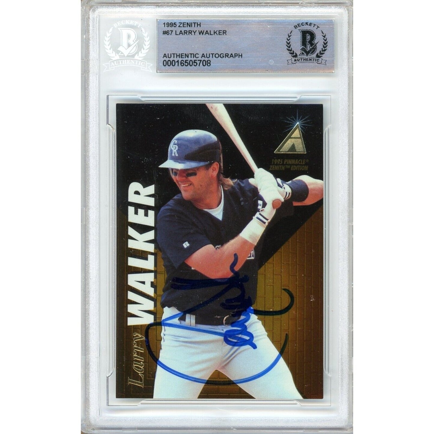 Baseballs- Autographed- Larry Walker Colorado Rockies Signed 1995 Pinnacle Zenith Baseball Card Beckett Authentic Auto Slab Front