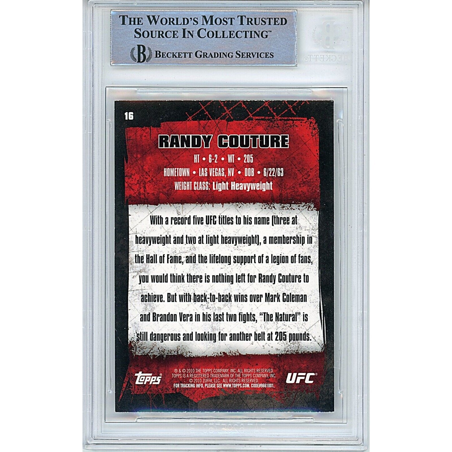 UFC- Autographed- Randy Couture Signed 2010 Topps MMA Trading Card Beckett Authentic Auto Slab Back