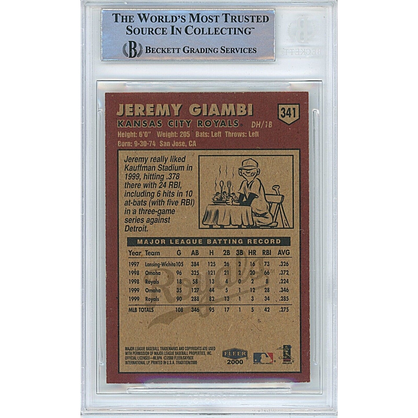 Baseballs- Autographed- Jeremy Giambi Kansas City Royals Signed 2000 Fleer Tradition Baseball Card Beckett Authentic Auto Slab Back