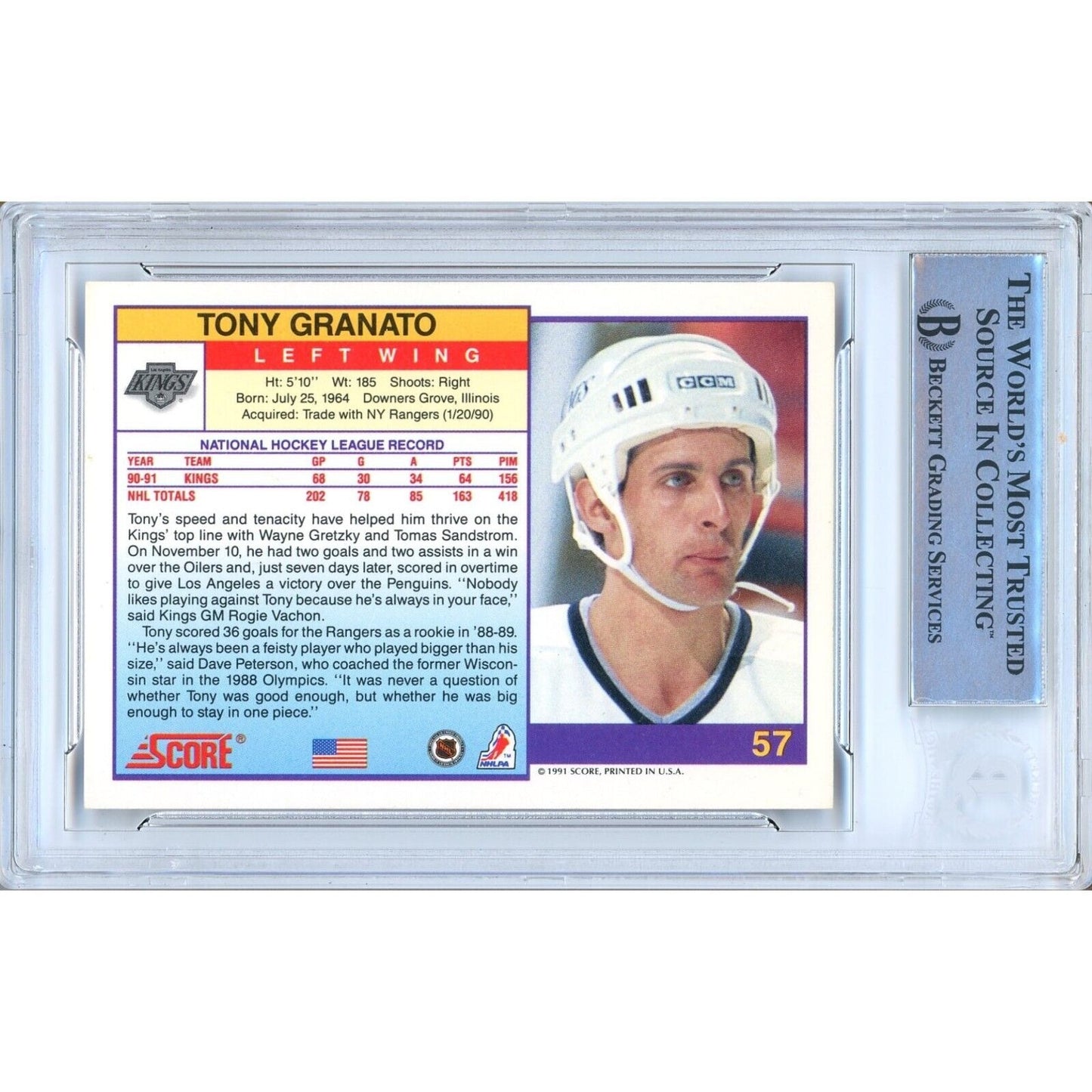 Hockey- Autographed- Tony Granato Los Angeles Kings Signed 1991-92 Score American Trading Card Beckett Authentic Auto Slab Back