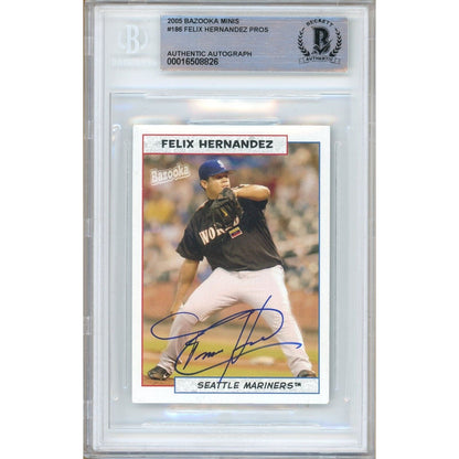 Baseballs- Autographed- Felix Hernandez Seattle Mariners Signed 2005 Bazooka Mini Rookie Baseball Card Beckett Authentic Auto Slab Front