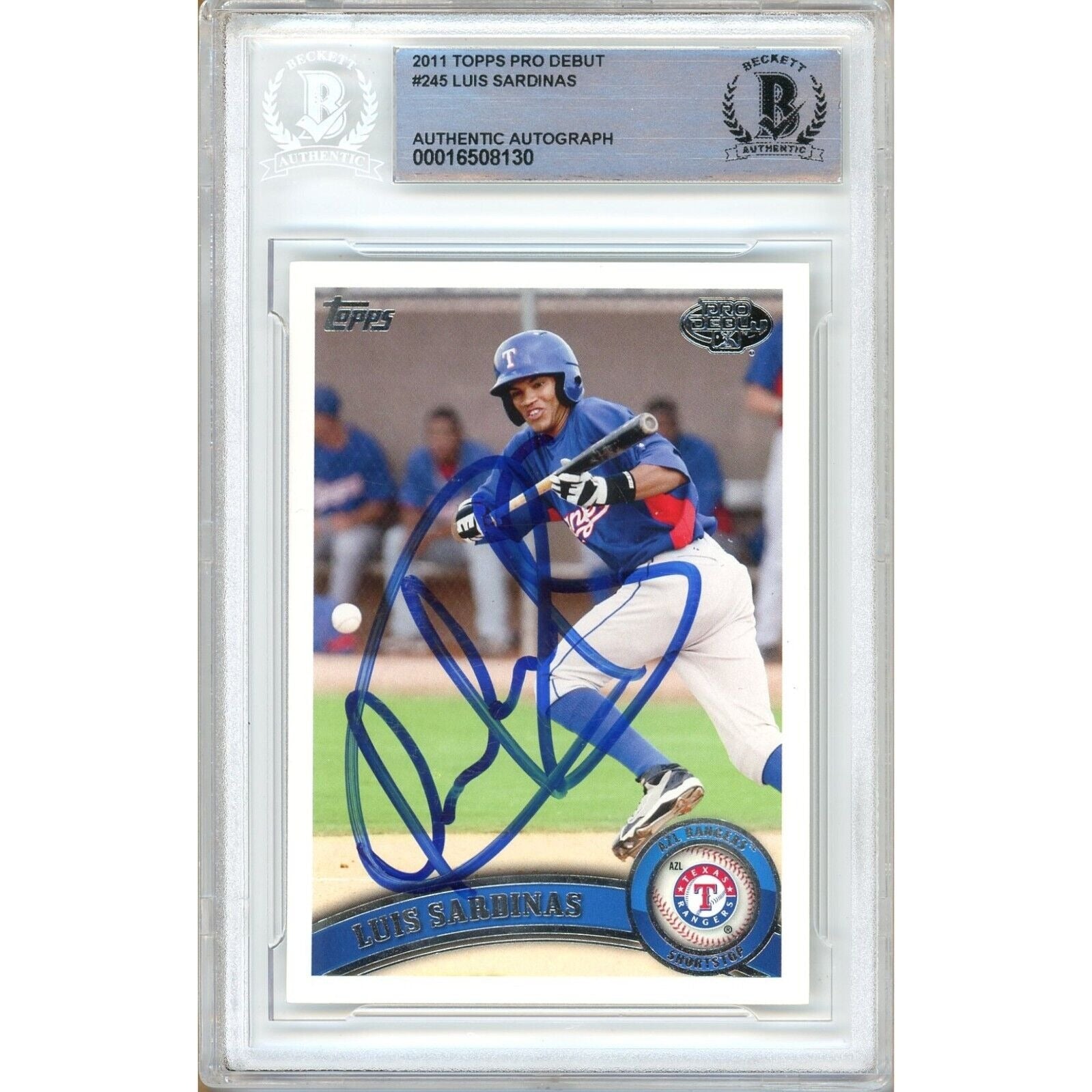 Baseballs- Autographed- Luis Sardinas Texas Rangers Signed 2011 Topps Pro Debut Rookie Baseball Card Beckett Authentic Auto Slab Front