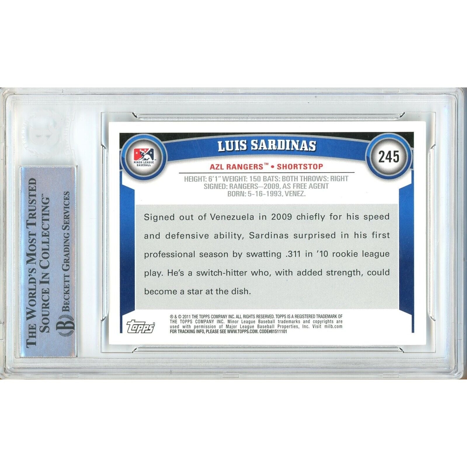 Luis Sardinas Texas Rangers signed trading card – signature close-up – Beckett COA