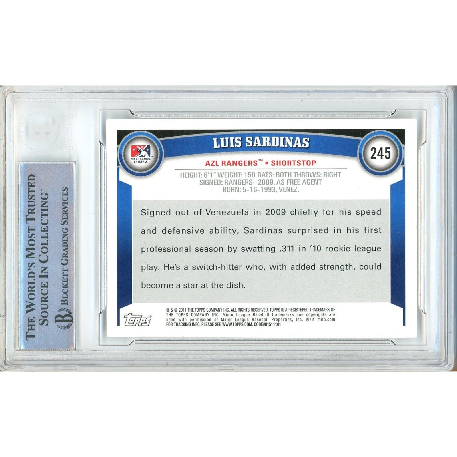 Baseballs- Autographed- Luis Sardinas Texas Rangers Signed 2011 Topps Pro Debut Rookie Baseball Card Beckett Authentic Auto Slab Back