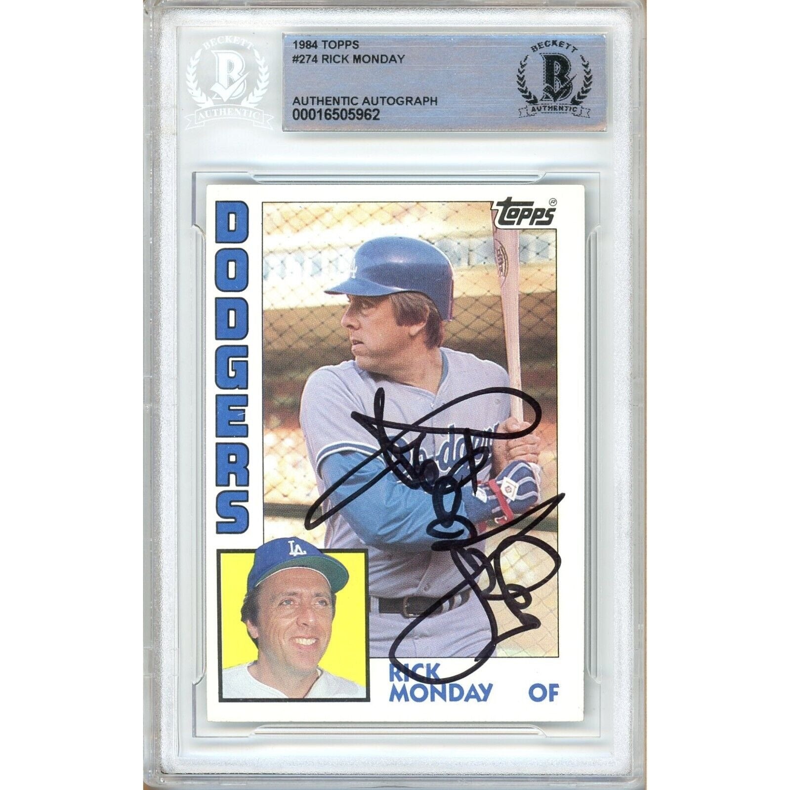 Baseballs- Autographed- Rick Monday Los Angeles Dodgers Signed 1984 Topps Trading Card Beckett Authentic Auto Slab Front