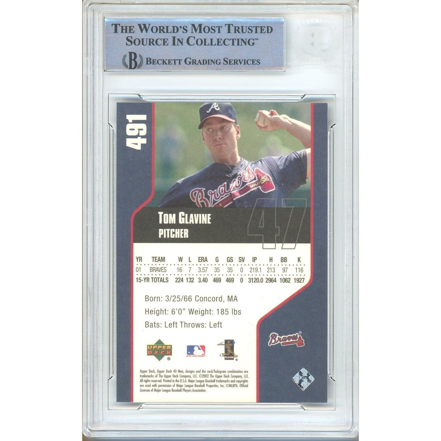 Baseballs- Autographed- Tom Glavine Atlanta Braves Signed 2002 Upper Deck 40-Man Trading Card Beckett Authentic Auto Slab Back