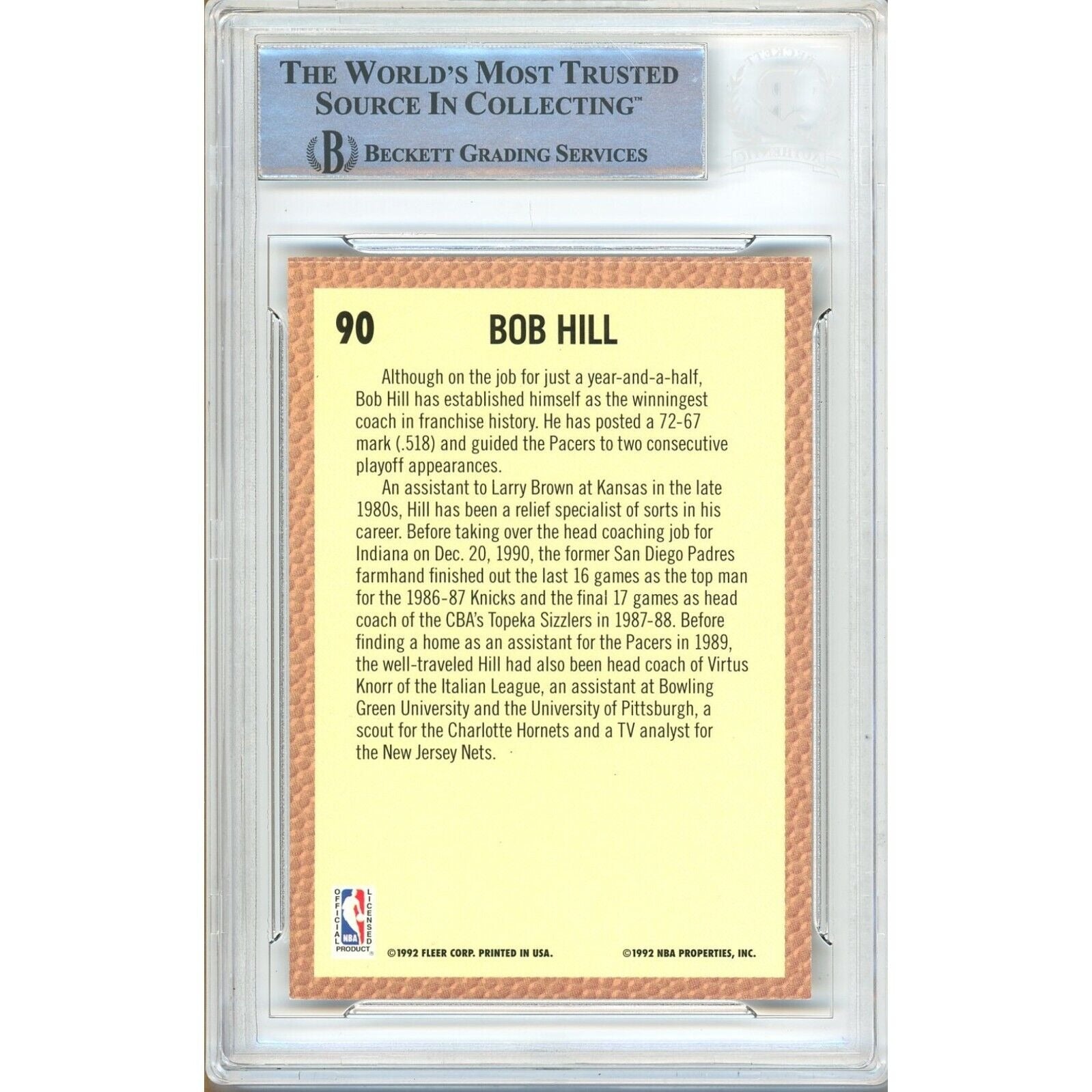 Bob Hill Indiana Pacers Autographed Signed Trading Card Beckett BAS