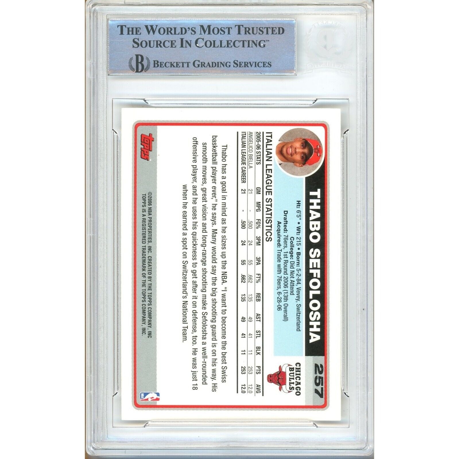 Basketballs- Autographed- Thabo Sefolosha Chicago Bulls Signed 2006-07 Topps Trading Card Beckett Authenticated Auto Slab Back