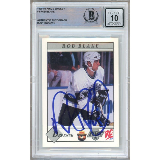 Hockey- Autographed- Rob Blake Los Angeles Kings Signed 1990-91 Smokey Hockey SGA Card Beckett Authentic BGS Auto-10 Graded Slab Front